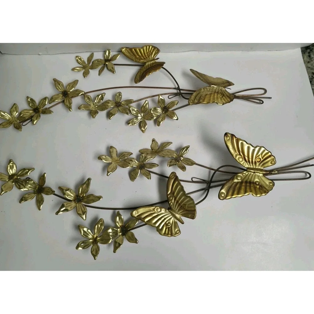 Vtg Homco Brass Metal Wall Art Set MCM Gold Flowers Butterflies 22